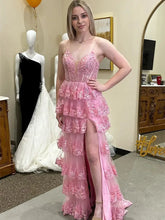 Hot Pink Tiered Sequin Prom Dress V Neck Formal Dress Mychicdress